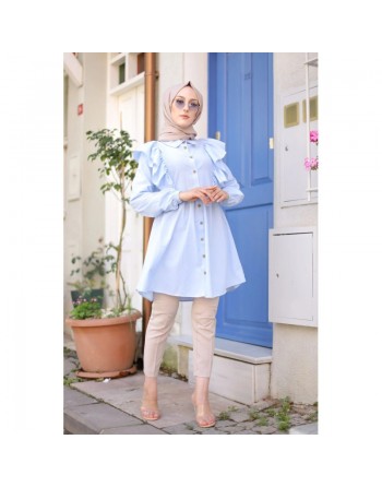 Chemise à froufrou (Vetement femme voilée chic) - Couleur bleu ciel 