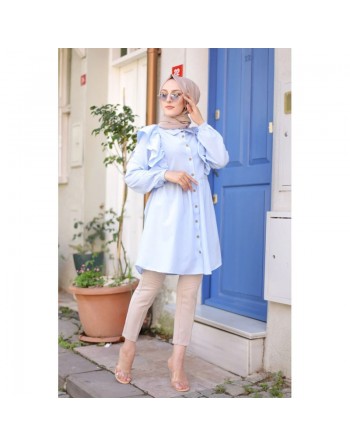 Chemise à froufrou (Vetement femme voilée chic) - Couleur bleu ciel 