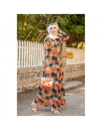 Robe longue fleurie coupe évasée pour femme (Mode Musulmane) - Couleur motifs kaki et orange 