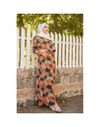Robe longue fleurie coupe évasée pour femme (Mode Musulmane) - Couleur motifs kaki et orange 
