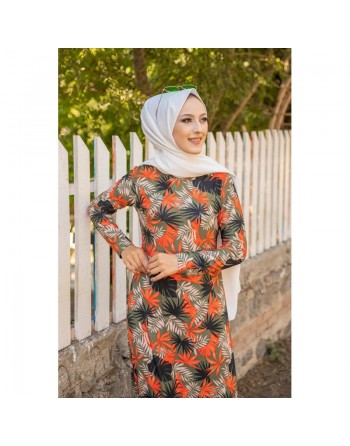 Robe longue fleurie coupe évasée pour femme (Mode Musulmane) - Couleur motifs kaki et orange 