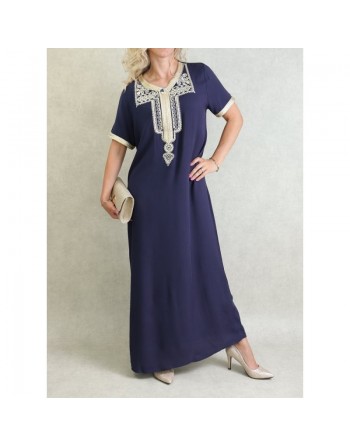 Robe marocaine d'été manches courtes avec broderies - Couleur Bleu marine 