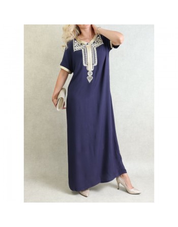 Robe marocaine d'été manches courtes avec broderies - Couleur Bleu marine 