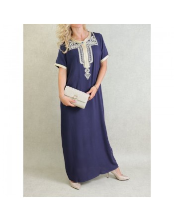 Robe marocaine d'été manches courtes avec broderies - Couleur Bleu marine 