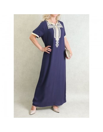 Robe marocaine d'été manches courtes avec broderies - Couleur Bleu marine 