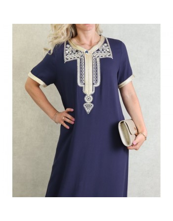 Robe marocaine d'été manches courtes avec broderies - Couleur Bleu marine 