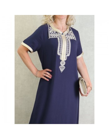 Robe marocaine d'été manches courtes avec broderies - Couleur Bleu marine 