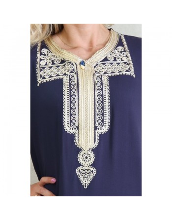 Robe marocaine d'été manches courtes avec broderies - Couleur Bleu marine 