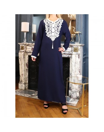 Robe orientale longue brodée pour femme - Couleur Bleu marine 