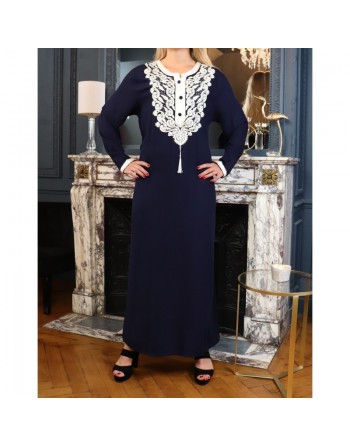 Robe orientale longue brodée pour femme - Couleur Bleu marine 
