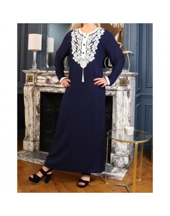 Robe orientale longue brodée pour femme - Couleur Bleu marine 
