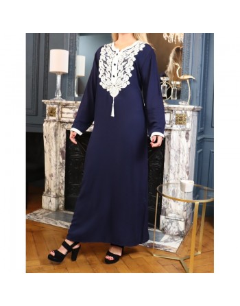 Robe orientale longue brodée pour femme - Couleur Bleu marine 