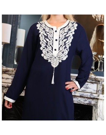 Robe orientale longue brodée pour femme - Couleur Bleu marine 