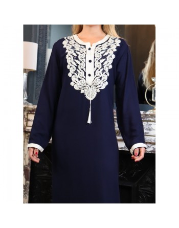 Robe orientale longue brodée pour femme - Couleur Bleu marine 