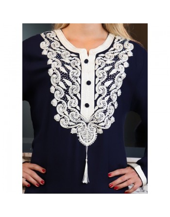 Robe orientale longue brodée pour femme - Couleur Bleu marine 