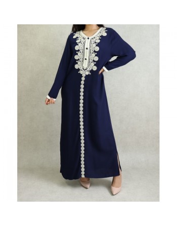 Robe longue style caftan algérien avec broderie et strass - Couleur Bleu marine 