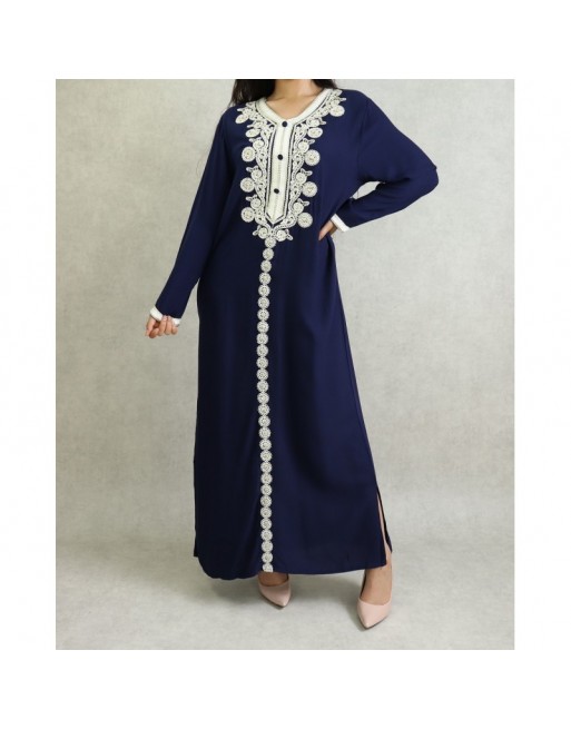 Robe longue style caftan algérien avec broderie et strass - Couleur Bleu marine Robe longue style caftan algérien avec broderie et strass - Couleur Bleu marine