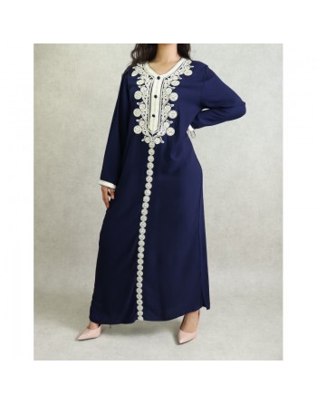 Robe longue style caftan algérien avec broderie et strass - Couleur Bleu marine 