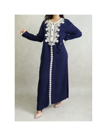Robe longue style caftan algérien avec broderie et strass - Couleur Bleu marine 