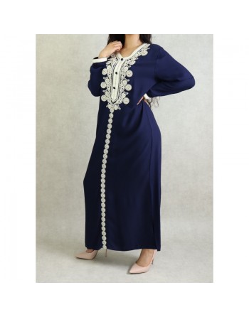 Robe longue style caftan algérien avec broderie et strass - Couleur Bleu marine 
