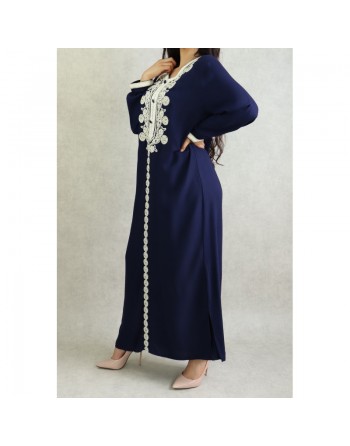 Robe longue style caftan algérien avec broderie et strass - Couleur Bleu marine 