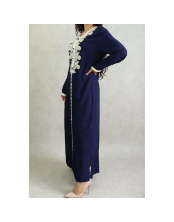 Robe longue style caftan algérien avec broderie et strass - Couleur Bleu marine 