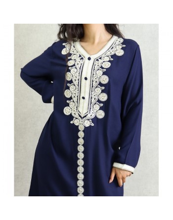 Robe longue style caftan algérien avec broderie et strass - Couleur Bleu marine 