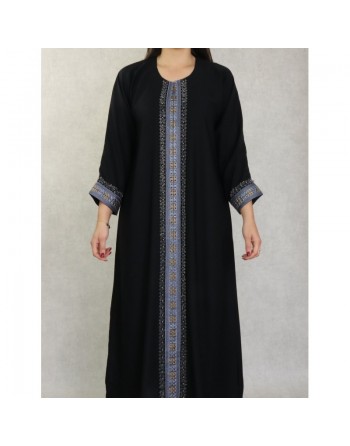 Robe Abaya Dubaï noire de qualité avec bande brodée et strass et perles argentées 
