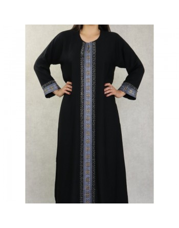 Robe Abaya Dubaï noire de qualité avec bande brodée et strass et perles argentées 