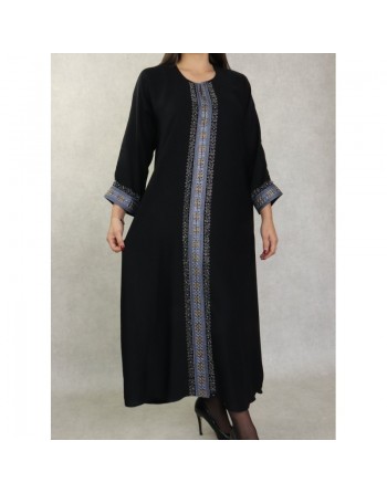 Robe Abaya Dubaï noire de qualité avec bande brodée et strass et perles argentées 