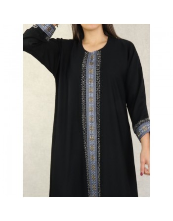 Robe Abaya Dubaï noire de qualité avec bande brodée et strass et perles argentées 