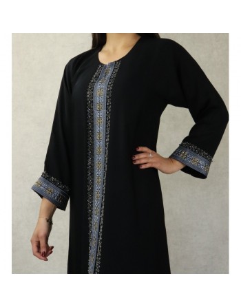 Robe Abaya Dubaï noire de qualité avec bande brodée et strass et perles argentées 