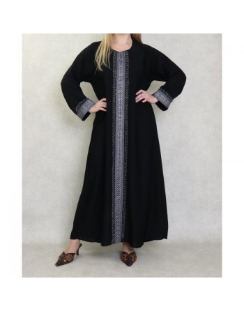 Robe Abaya Dubaï noire de qualité avec bande brodée et strass idéale pour la fête de l'Aïd 2024 