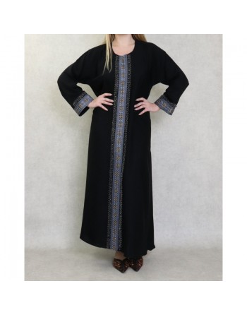 Robe Abaya Dubaï noire de qualité avec bande brodée et strass idéale pour la fête de l'Aïd 2024 