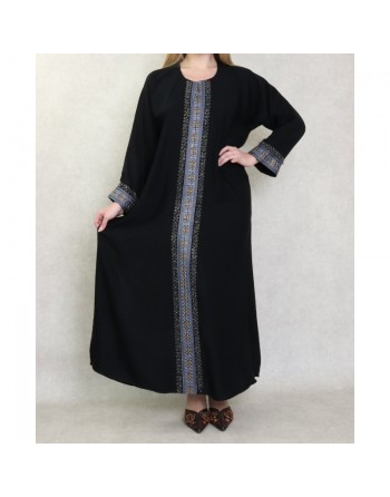 Robe Abaya Dubaï noire de qualité avec bande brodée et strass idéale pour la fête de l'Aïd 2024 