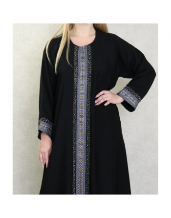 Robe Abaya Dubaï noire de qualité avec bande brodée et strass idéale pour la fête de l'Aïd 2024 