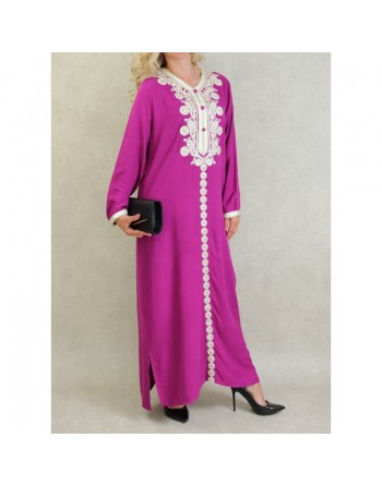Robe Algérienne longue avec broderie et strass style caftan - Couleur Magenta 