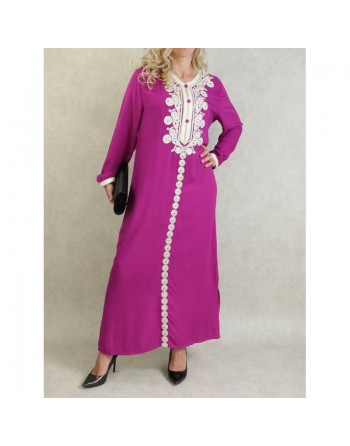Robe Algérienne longue avec broderie et strass style caftan - Couleur Magenta 