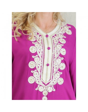 Robe Algérienne longue avec broderie et strass style caftan - Couleur Magenta 