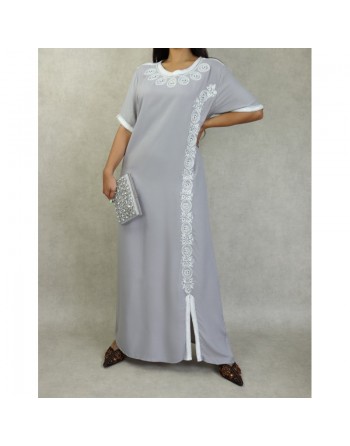 Robe orientale algérienne à manches courte brodée et perlée pour femme - Couleur Gris 