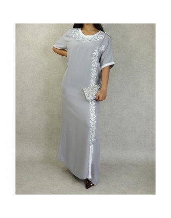 Robe orientale algérienne à manches courte brodée et perlée pour femme - Couleur Gris 