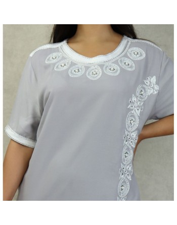Robe orientale algérienne à manches courte brodée et perlée pour femme - Couleur Gris 