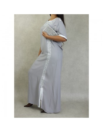 Robe orientale algérienne à manches courte brodée et perlée pour femme - Couleur Gris 