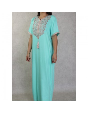 Robe femme style oriental brodée avec perles à manches courtes - Couleur vert clair 
