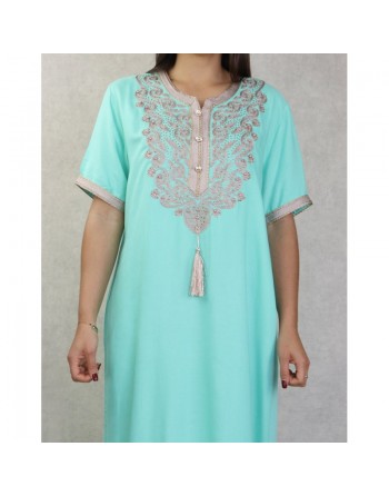 Robe femme style oriental brodée avec perles à manches courtes - Couleur vert clair 