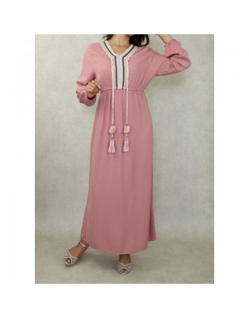 Robe longue décorée de pompons pour femme - Couleur Rose 