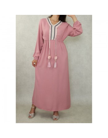 Robe longue décorée de pompons pour femme - Couleur Rose 