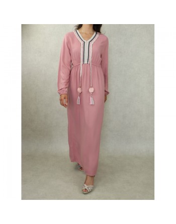 Robe longue décorée de pompons pour femme - Couleur Rose 