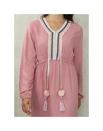 Robe longue décorée de pompons pour femme - Couleur Rose 