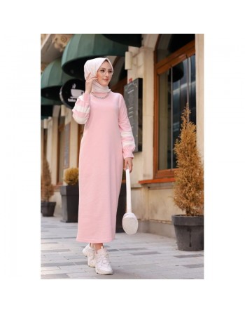 Robe longue look décontracté pour femme musulmane (Vetement hijeb pas cher) - Couleur rose clair 